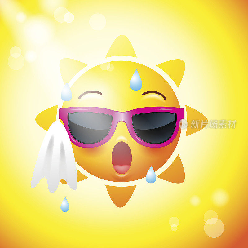 太阳脸图标或黄色，有趣的脸在现实中。emojis .hot夏天。矢量图